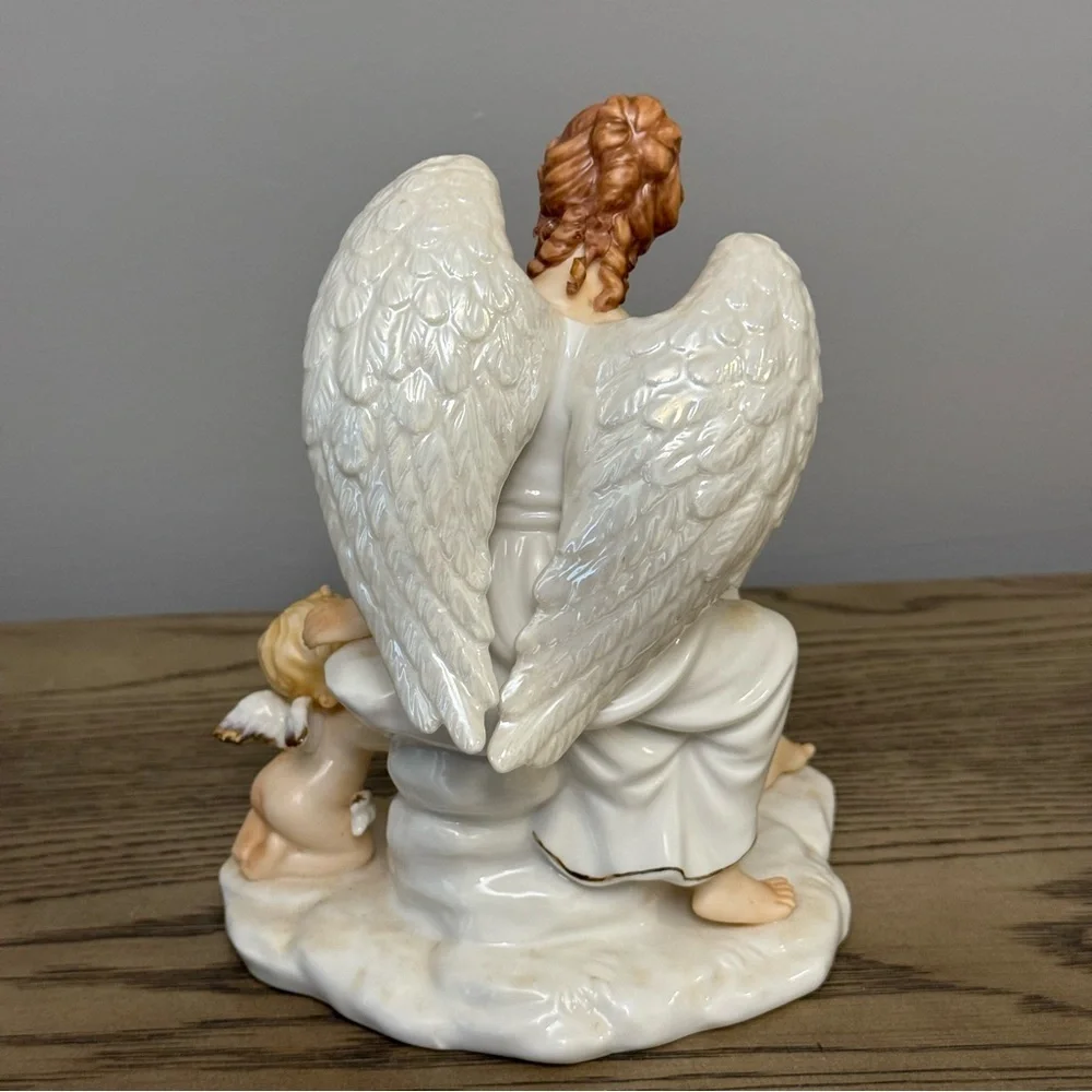 O'Well Angel & Cherub W/Bird~Lyre Porcelain Figurine Ivory & Gold